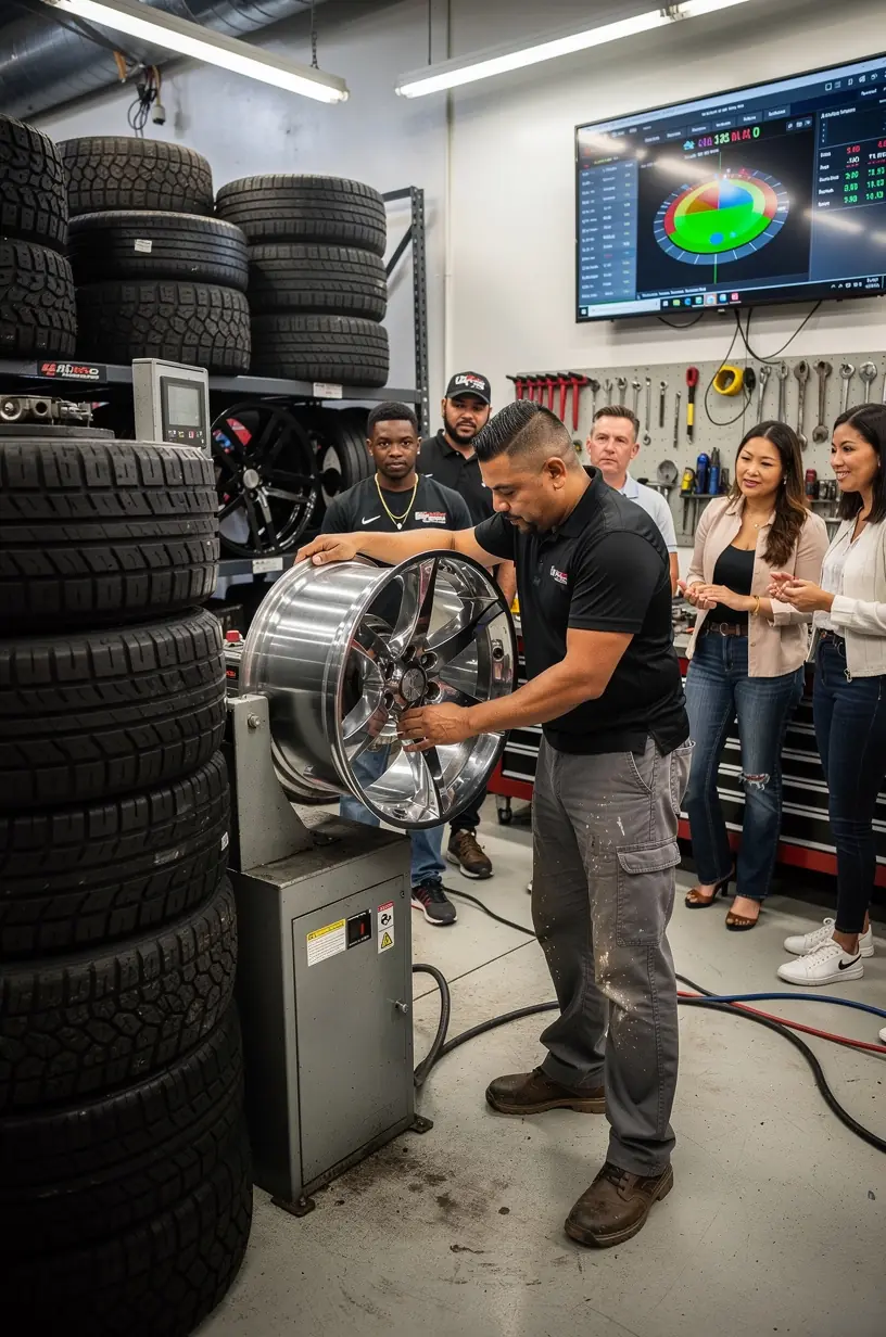 Mechanic installing a new set of high-performance tires on a sports car in a professional workshop.