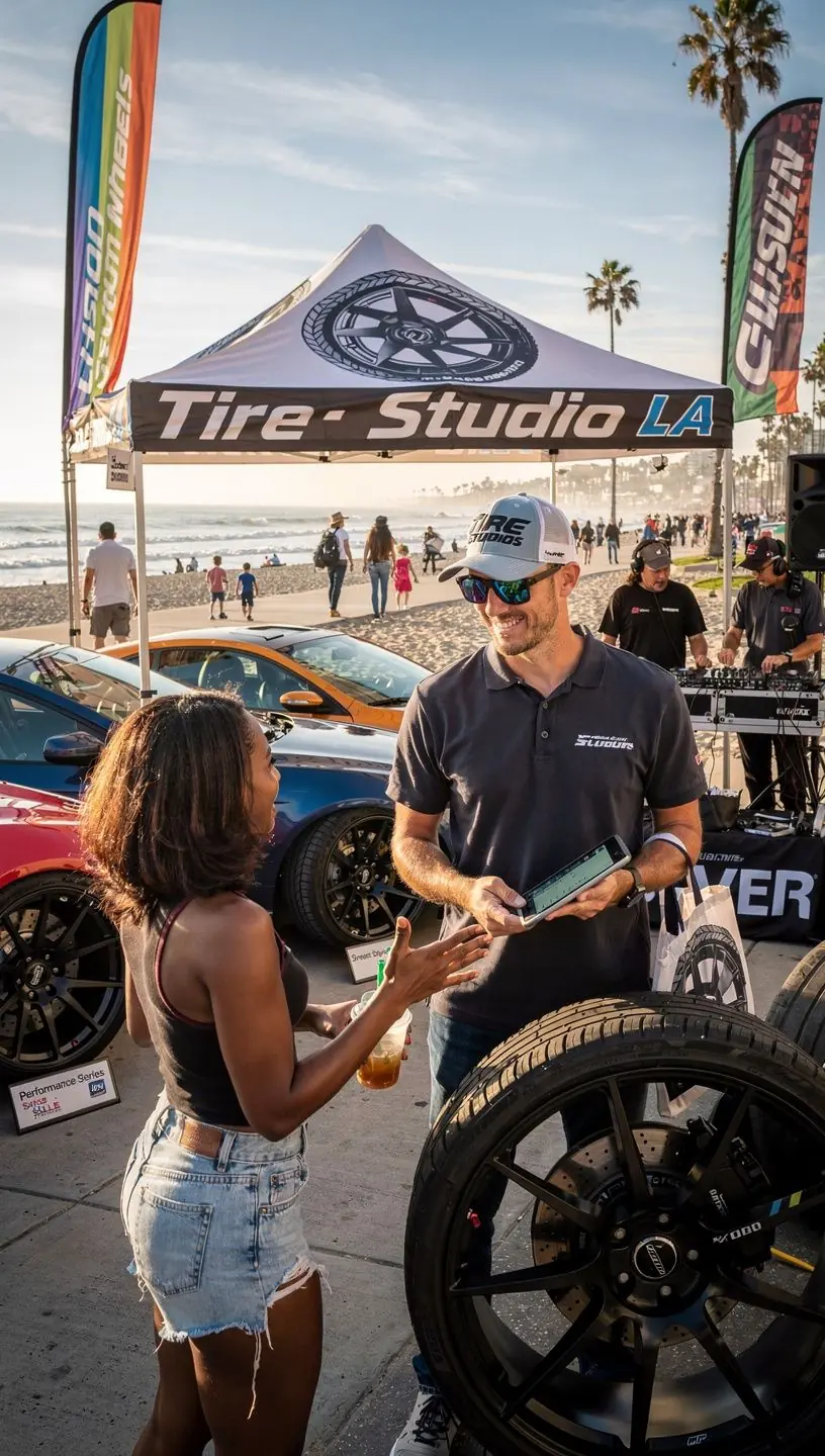 Customer consulting with a technician about custom wheel options and maintenance services in Los Angeles Clover.